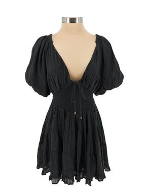 Free People Perfect Day Fit Flare Dress Gray Puff Short Sleeve Tie Back Medium